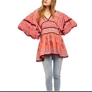 Free People Luna Scarf Print Boho Tunic/Dress Balloon Sleeves Orange/Red XS